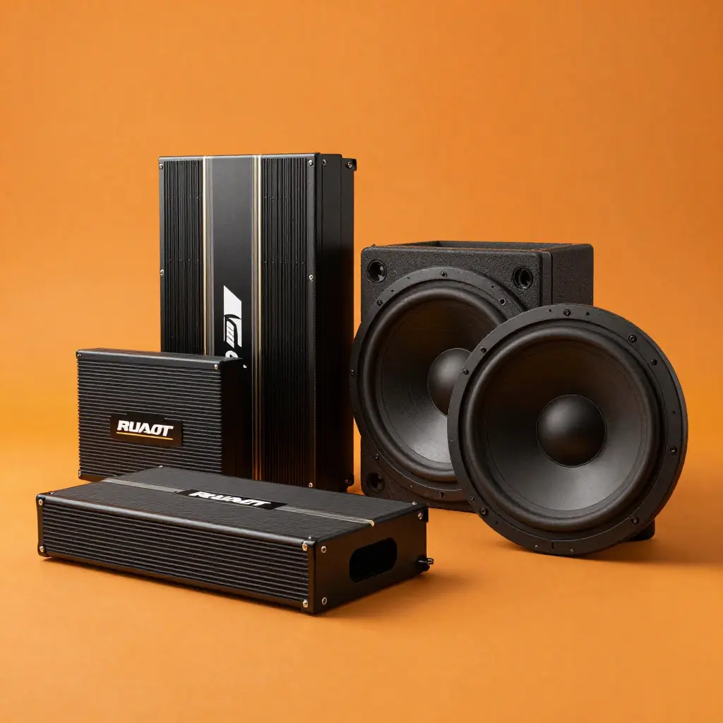 Premium car audio system installation with amplifiers and subwoofers